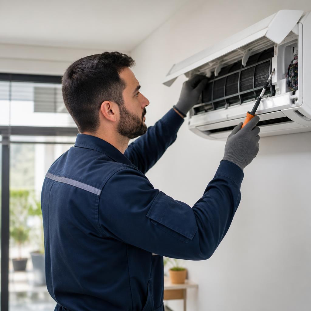 Técnico da HCJ Climatizações fazendo limpeza de ar-condicionado